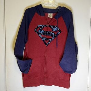 Superman XL Navy Blue/Burgundy Zip Up W/Drawstring & Kangaroo Pocket